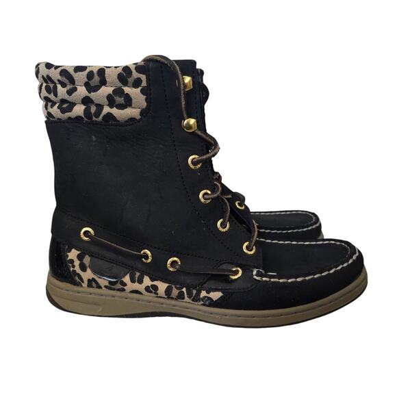 Sperry 7.5 Hikerfish Black Leather Leopard Lace High Ankle Boots  9531393 - Picture 2 of 8